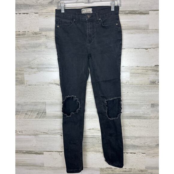 Free People Women's 27 black washed skinny jean denim distressed zip - Picture 1 of 6